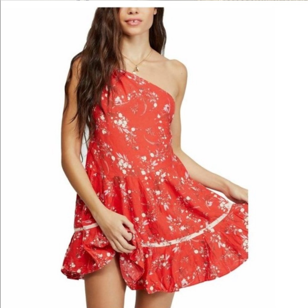 NEW Free People Red Flower Floral One Shoulder Above Knee Mini Dress Large